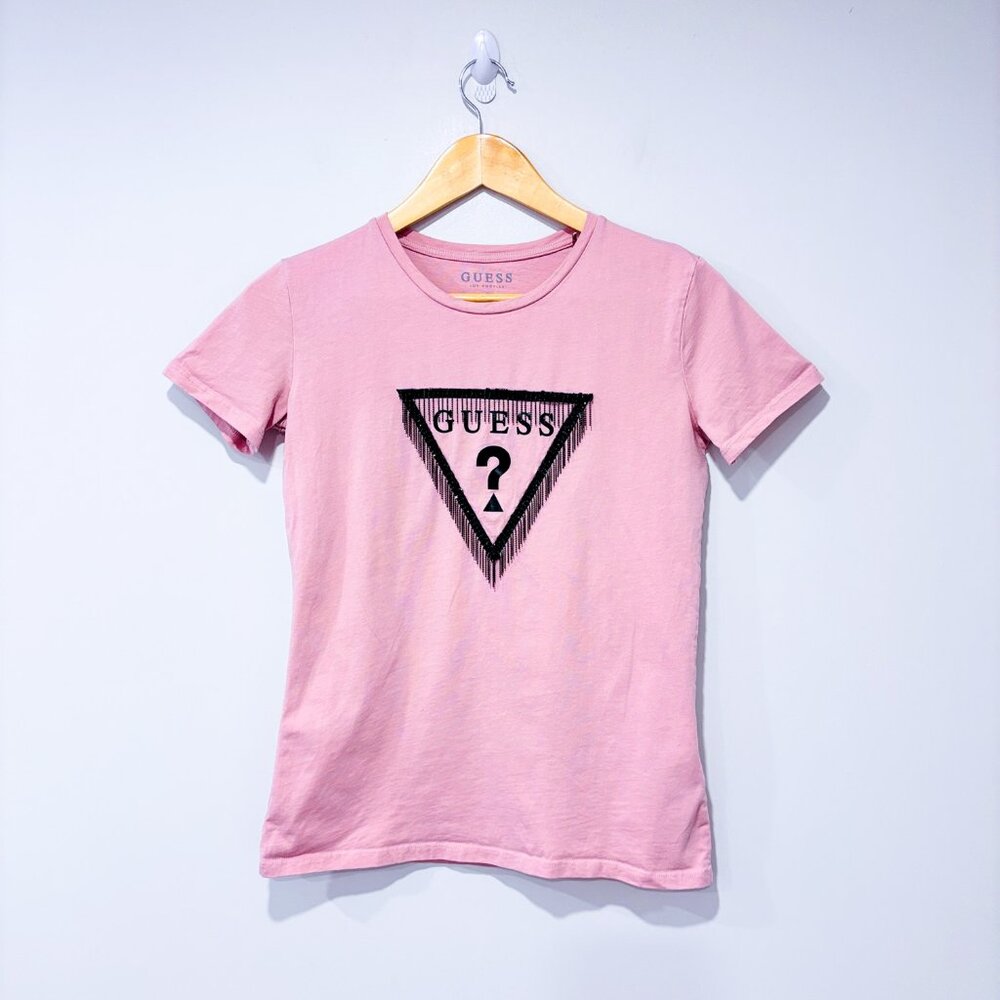 GUESS Pink logo tee with‎ rhinstones fringe detail | Casual chic | Medium